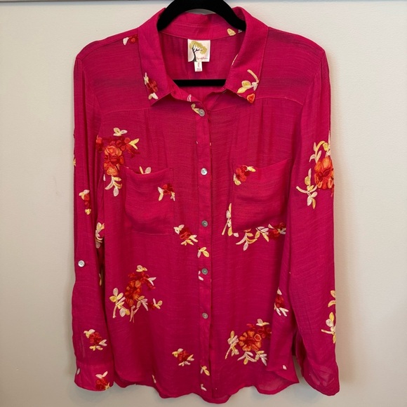 Fig & Flower Embroidered Floral Button Up Tunic Boho Roll Tab Pink Semi Sheer L - Picture 1 of 8